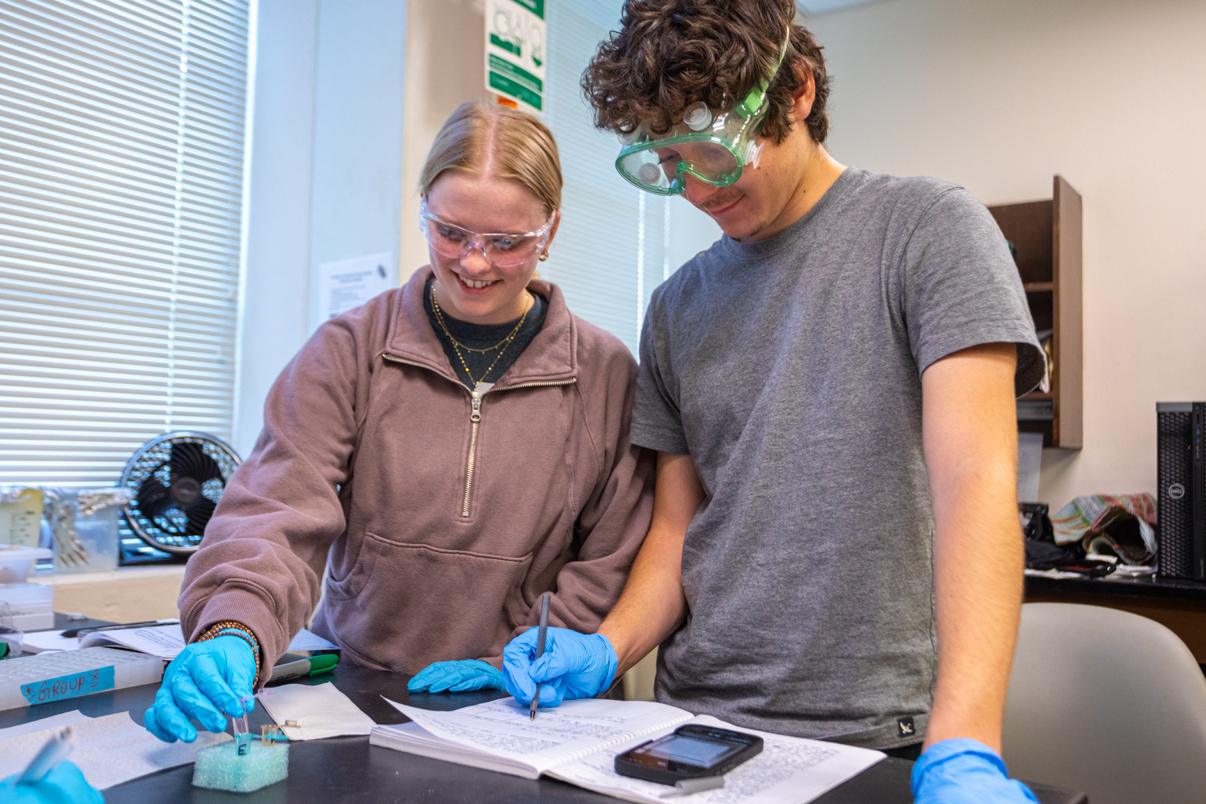 Chemistry students test samples during a laboratory class inside the Lehmann Chemistry Building.